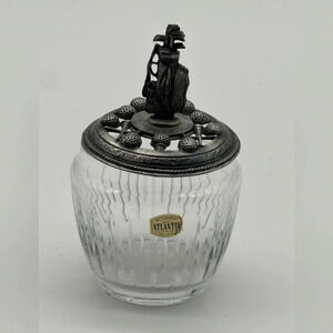 ATLANTIS Silver Mounted Lid Crystal Glass Candy Display Vanity Trinket PORTUGAL